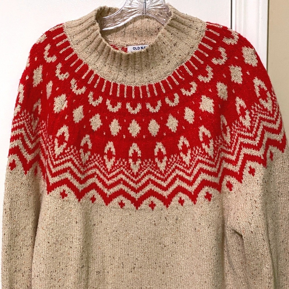 Old Navy Womens Alpine Grey Fair Isle Mock Neck Sweater Ski Chalet Gorpcore L